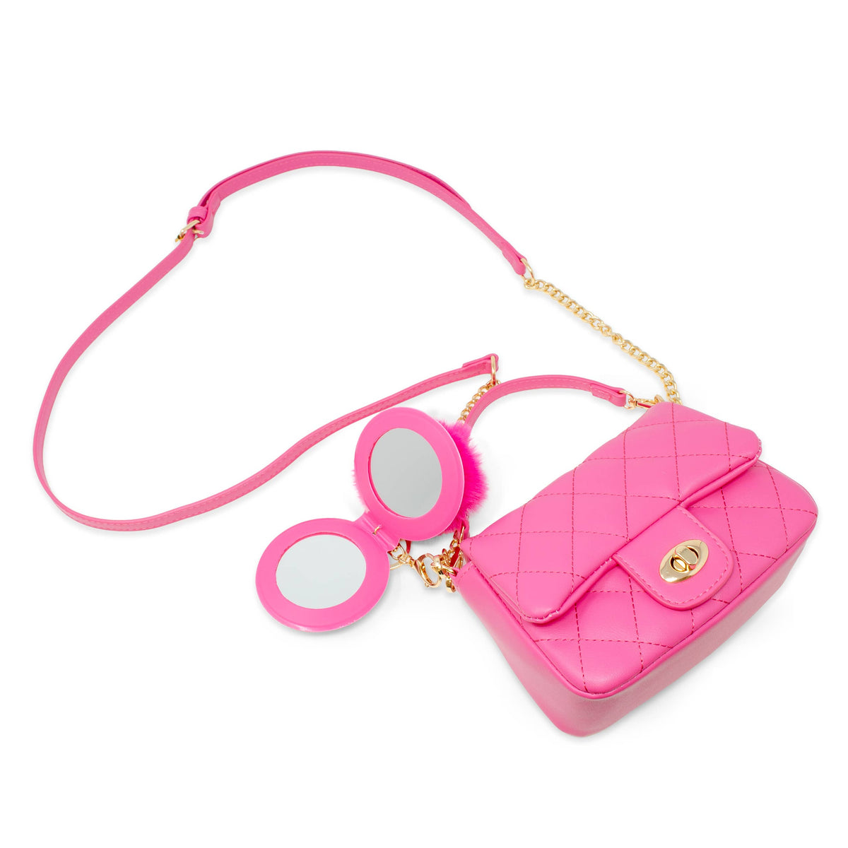 Tiny Treats quilted mini flap handbag with mirror pom-pom, pink