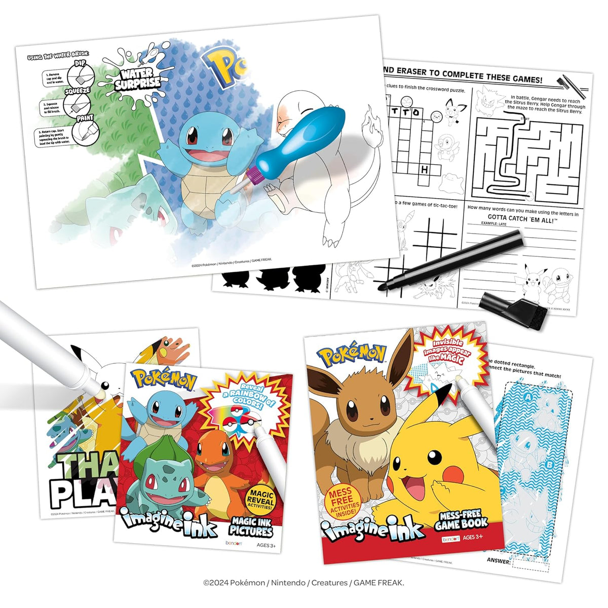 Pokémon Imagine Ink set contents: water surprise board, game book and Magic Ink book