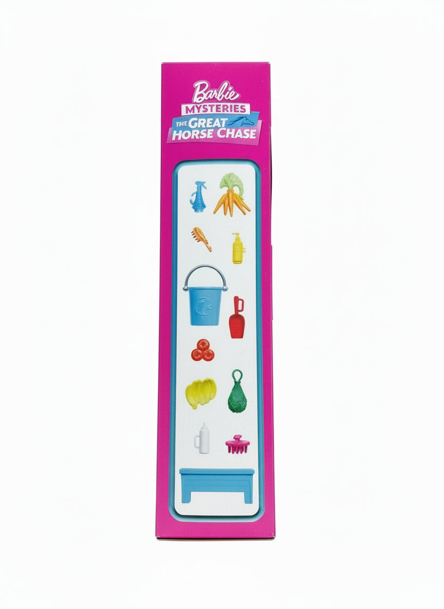 Barbie mystery horse chase toy box on a wooden floor