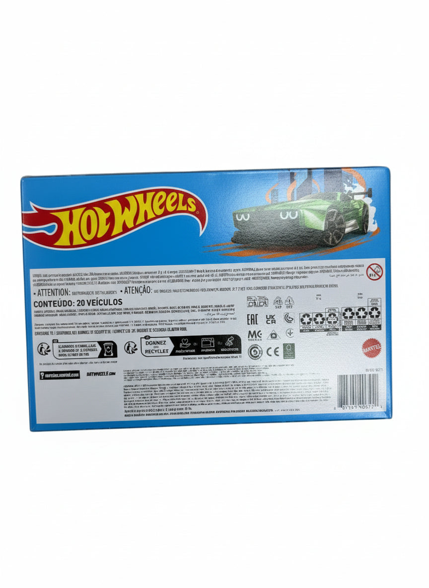 Hot Wheels toy car packaging on a wooden surface