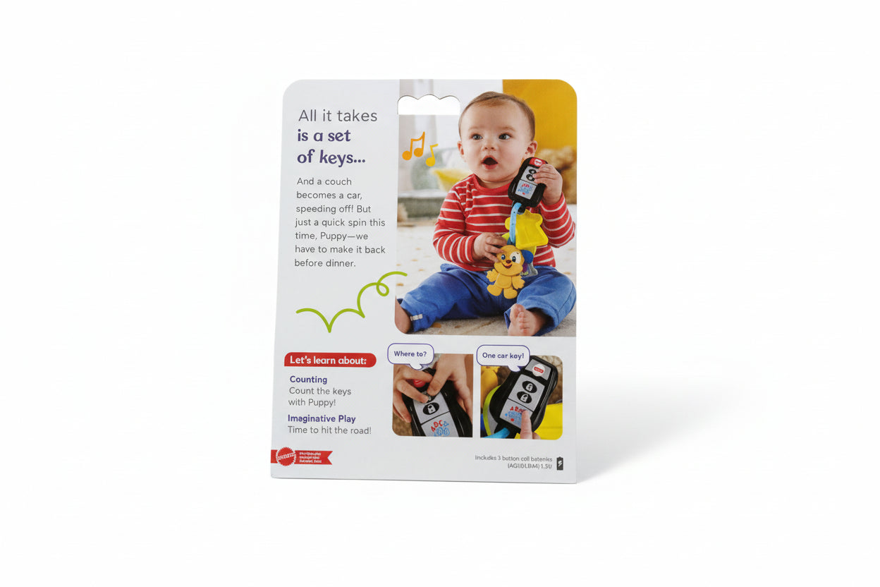 Product packaging with a child and toy on a wooden surface