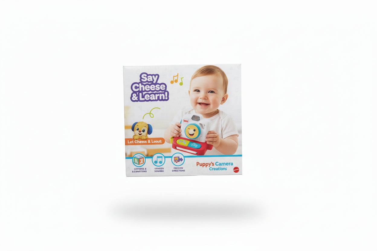 Product packaging for a baby toy with a child holding it, on a wooden floor.