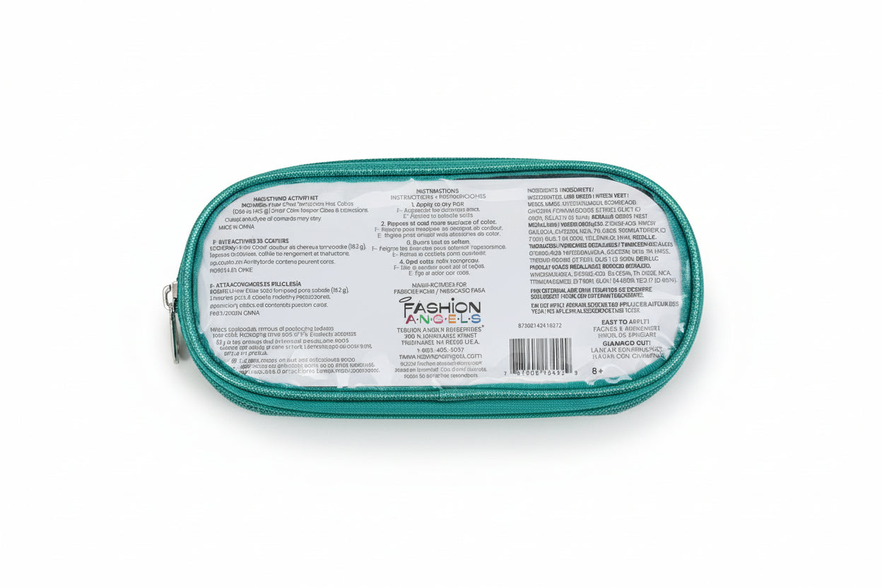 Teal pouch with label on a gray surface