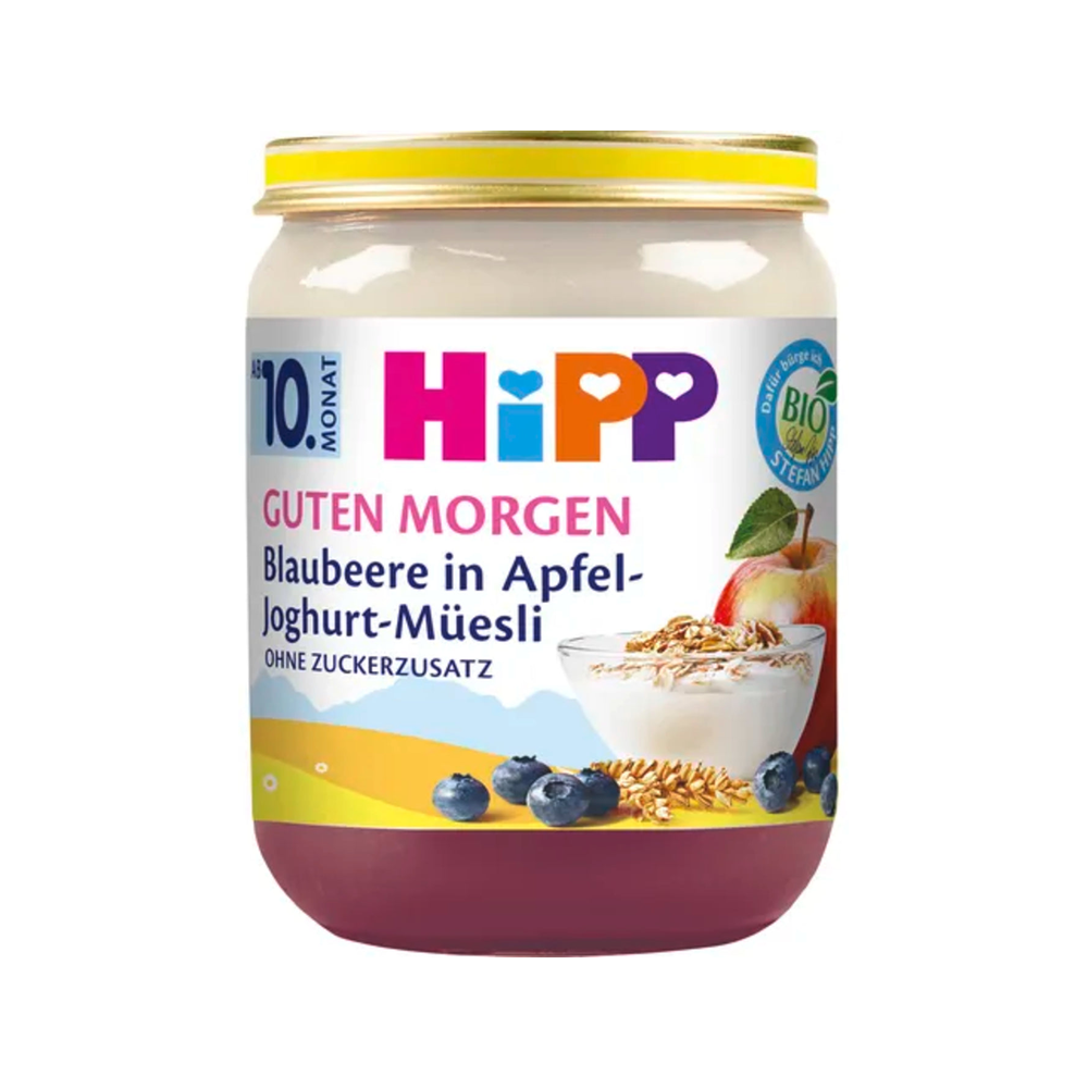 HiPP Good Morning Fruit Puree Apples Blueberries Bananas with Muesli and Yogurt 120 g