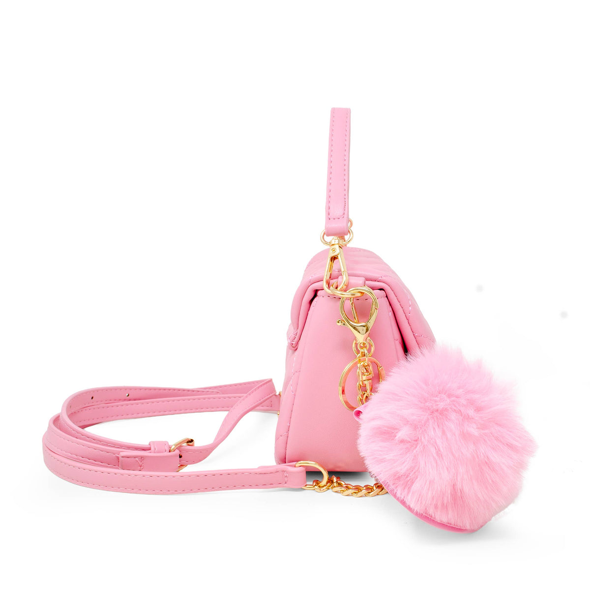 Tiny Treats quilted mini flap handbag with mirror pom-pom, pink