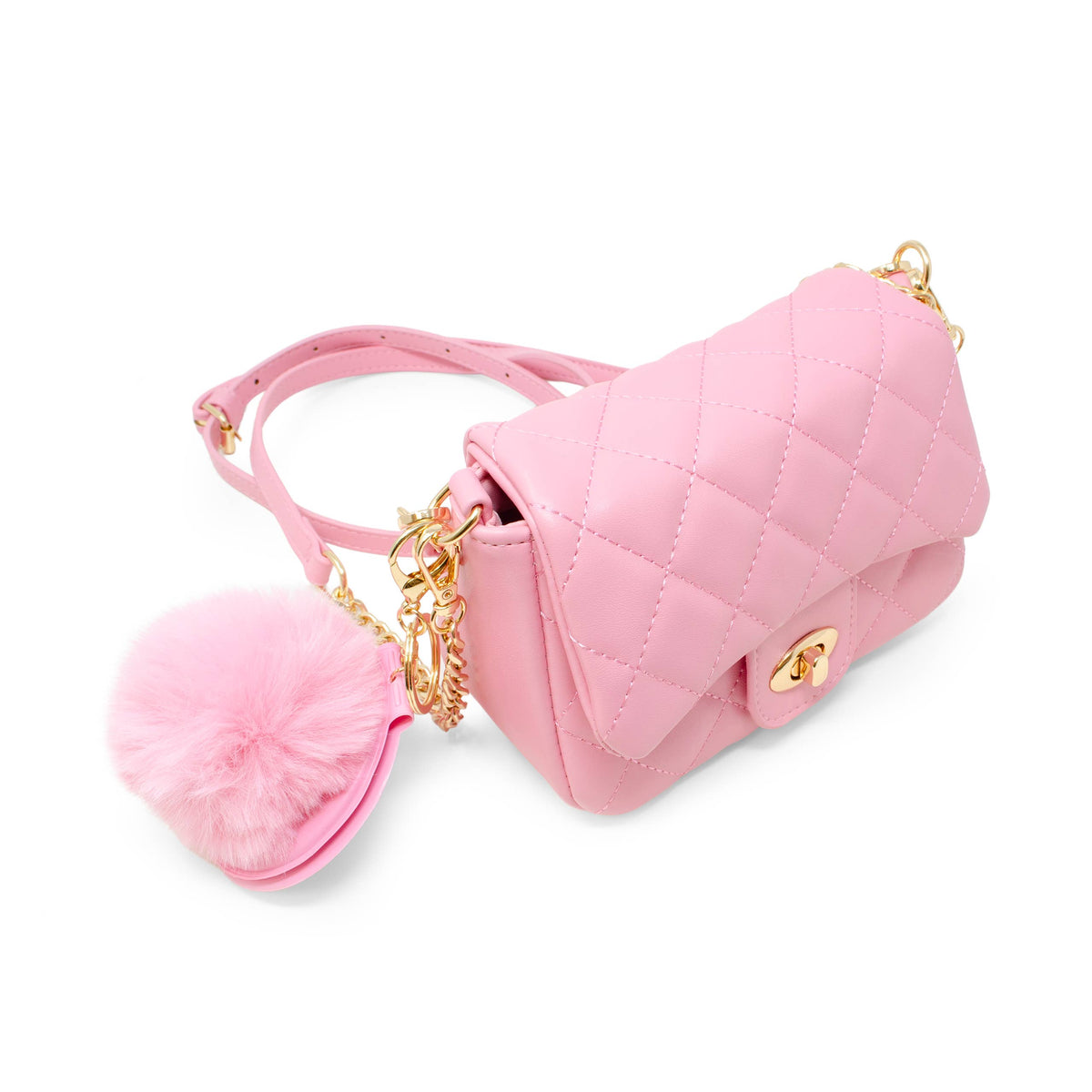 Tiny Treats quilted mini flap handbag with mirror pom-pom, pink