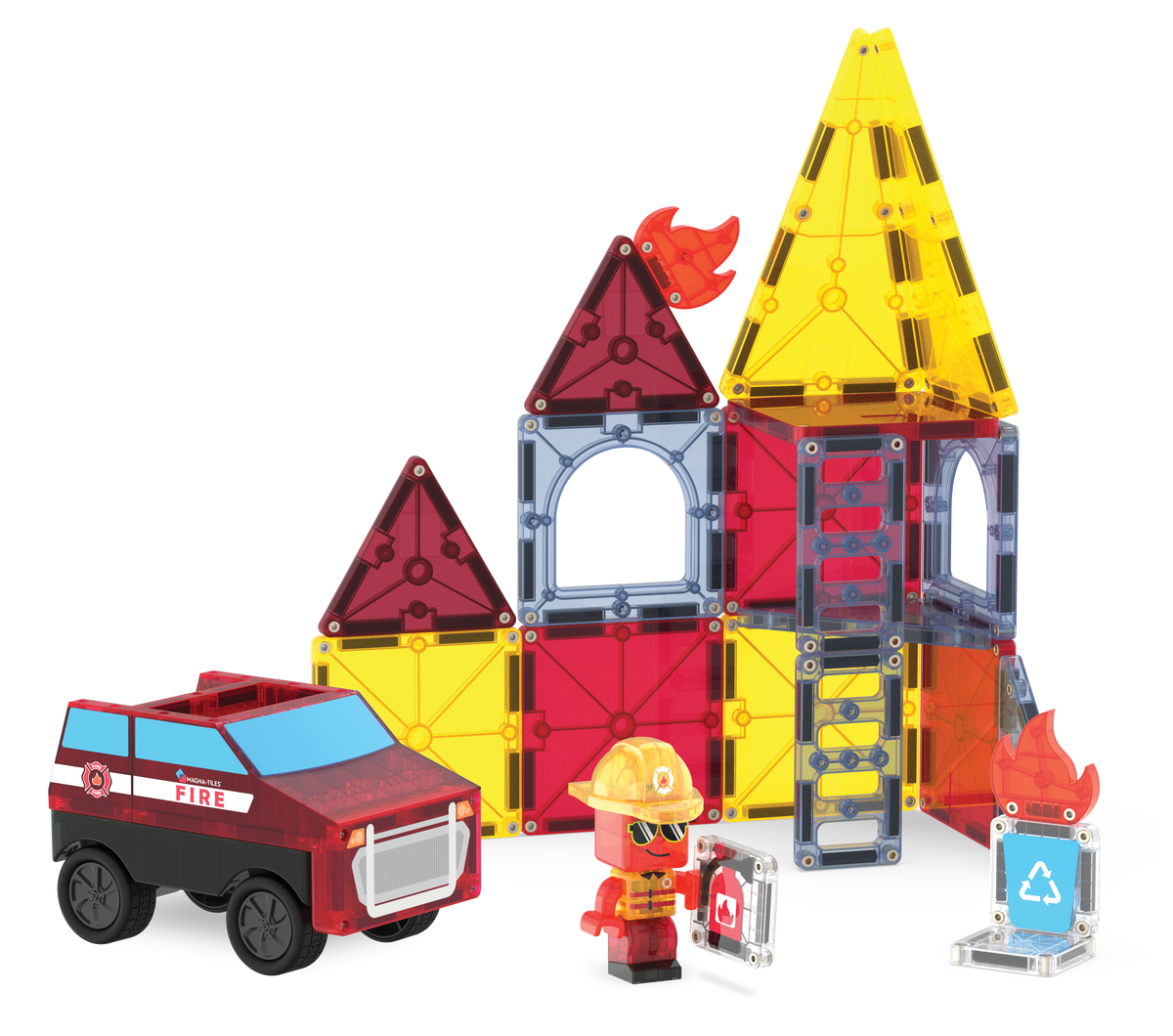 MAGNA-TILES Fire Rescue 27-Piece Set (252027FR) — fire station build with Fire Chief car