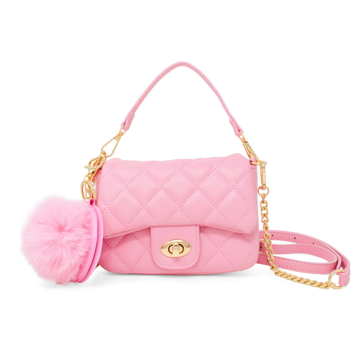 Tiny Treats quilted mini flap handbag with mirror pom-pom, pink