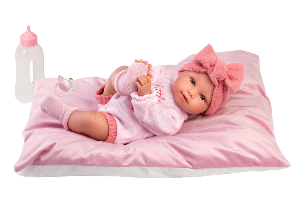 Llorens Carmen 15" Soft Body Newborn Doll with Cushion (LL63808) — lying on cushion