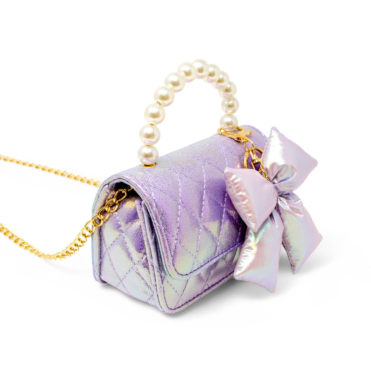 Tiny Treats shiny quilted bow handbag, purple