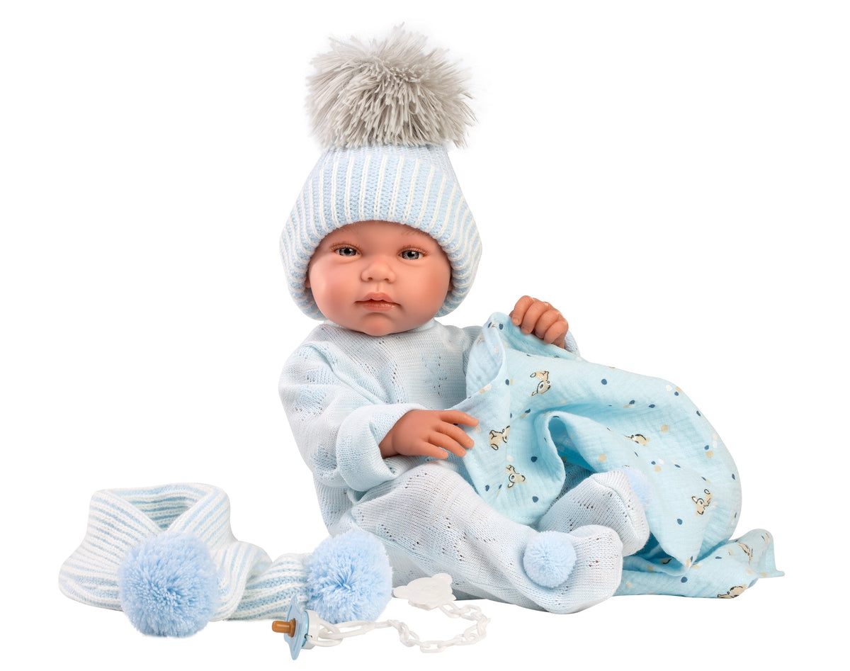 Llorens Jayden 16.9" Anatomically-Correct Newborn Doll with Blanket (LL84337) — pompom scarf and blanket