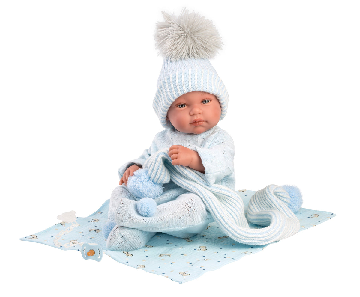 Llorens Jayden 16.9" Anatomically-Correct Newborn Doll with Blanket (LL84337) — sitting on blanket