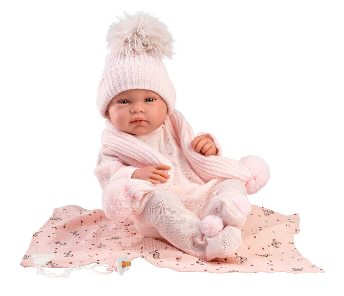 Llorens Jacqueline 16.9" Anatomically-Correct Newborn Doll with Blanket (LL84338) — sitting on blanket