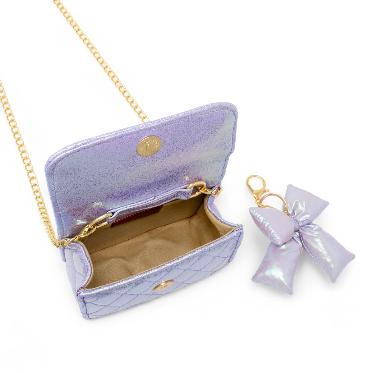 Tiny Treats shiny quilted bow handbag, purple