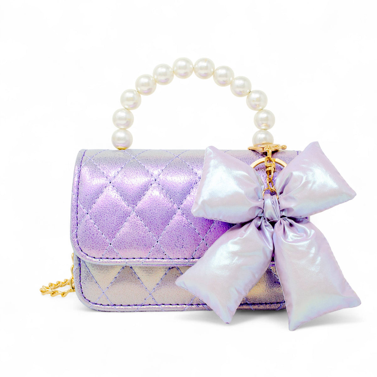 Tiny Treats shiny quilted bow handbag, purple