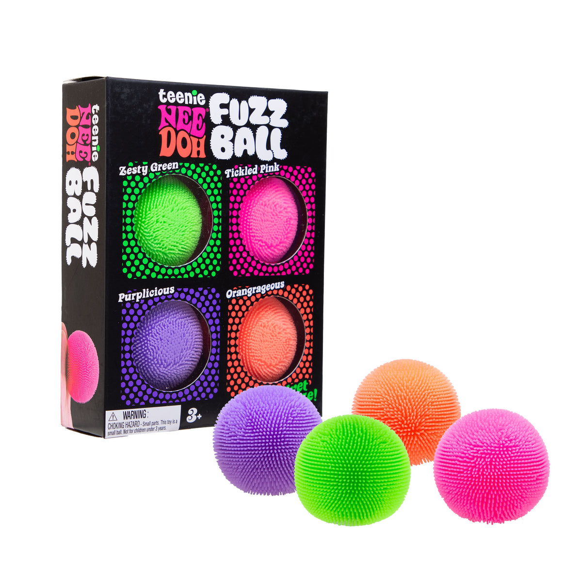Teenie NeeDoh Fuzz Ball 4-Pack - box and fuzz balls
