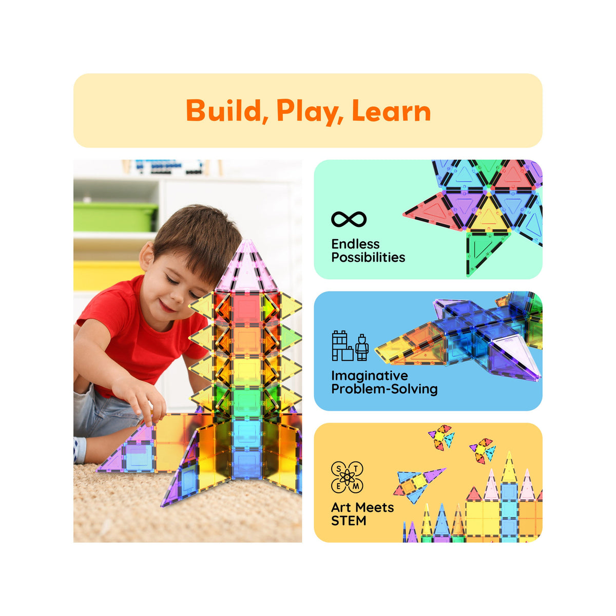 PicassoTiles 61pc magnetic tiles in play