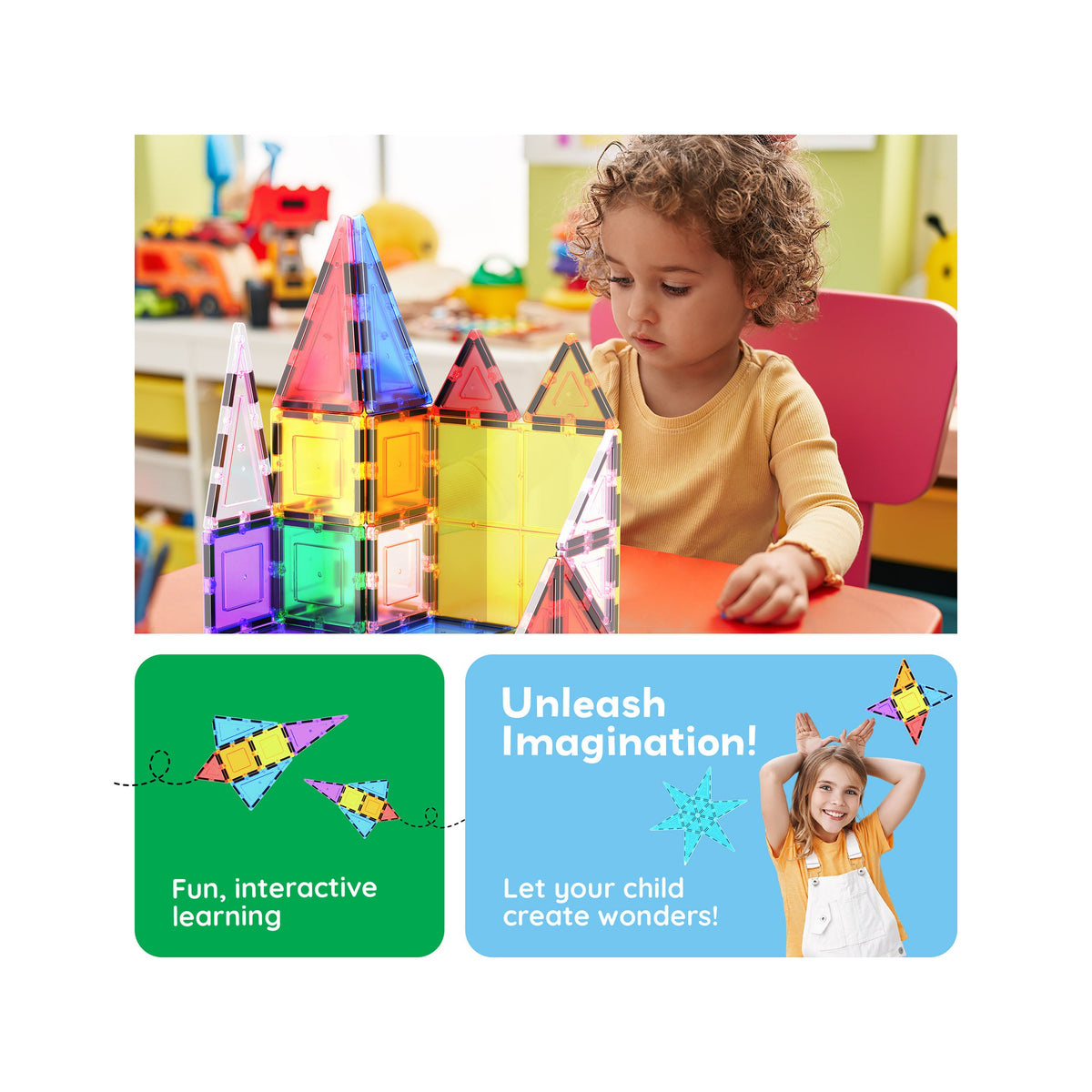PicassoTiles 61pc magnetic tiles - shapes and colours