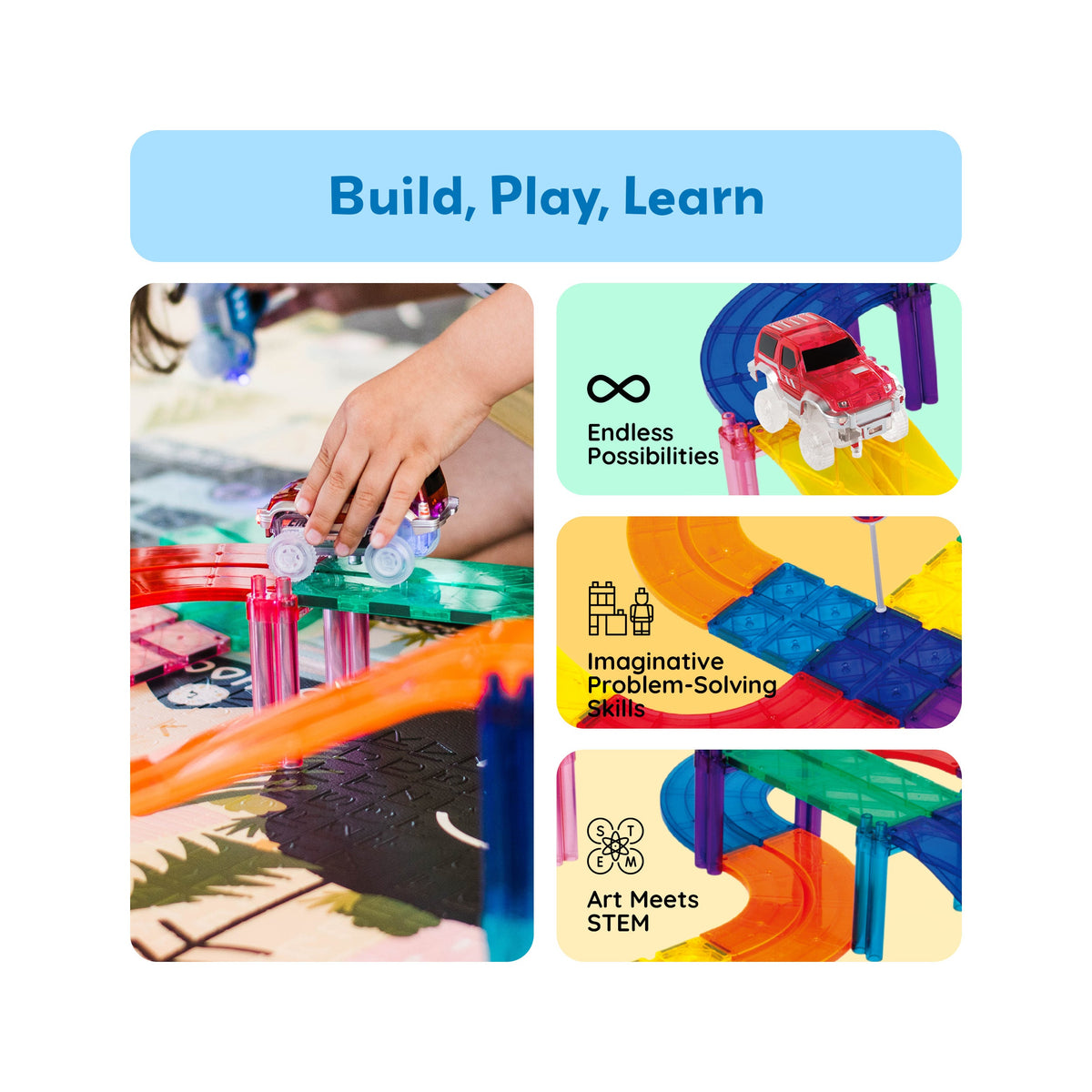 PicassoTiles 30pc race track in play