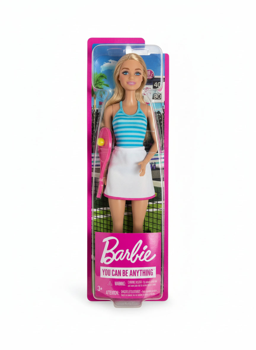 Barbie doll in a sports outfit on a pink packaging with 'You Can Be Anything' text.