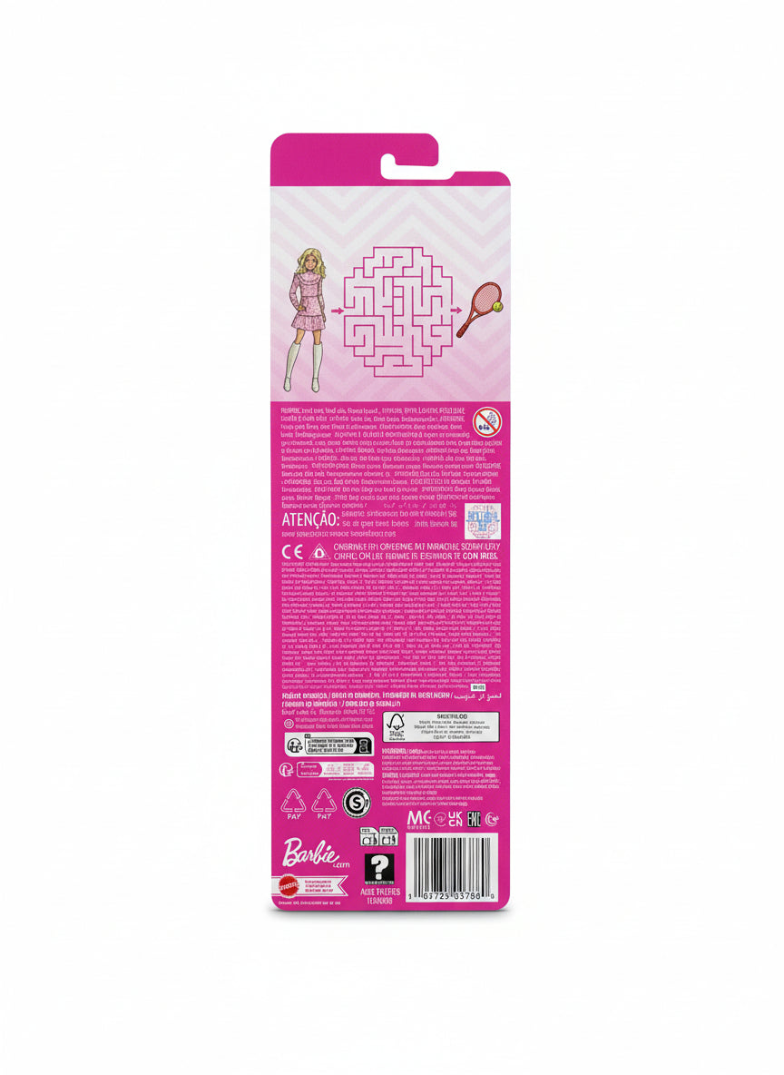 Barbie packaging with maze game on a gray surface