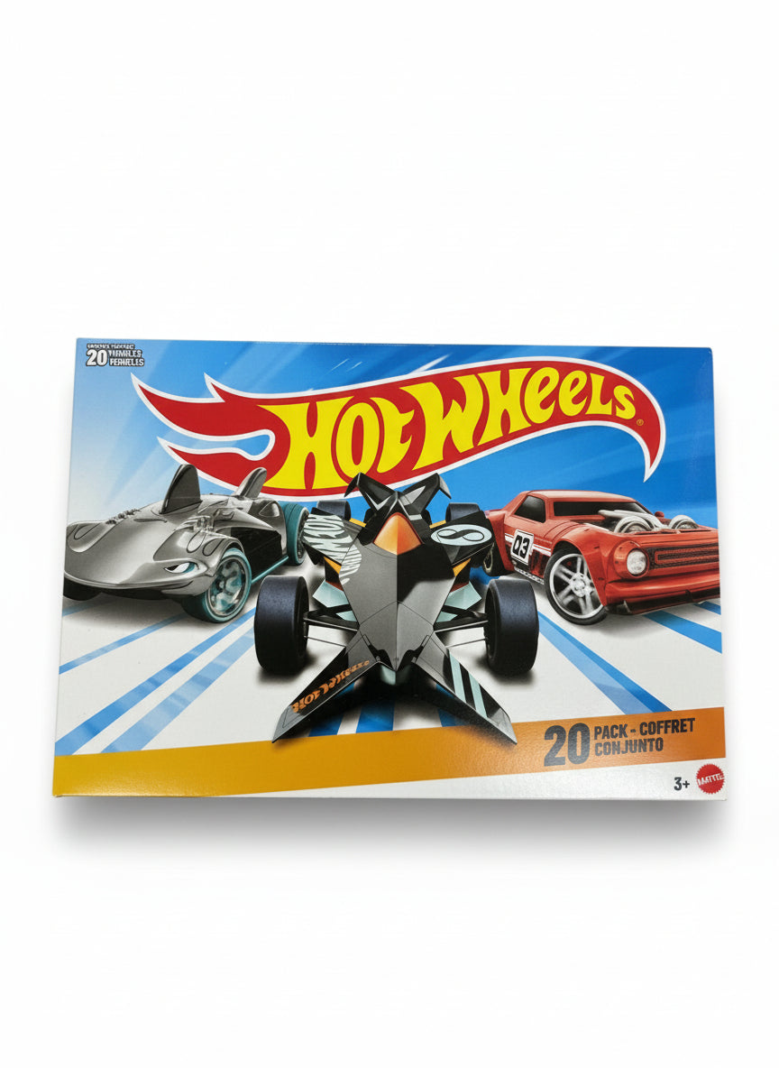 Hot Wheels toy car packaging on a wooden surface
