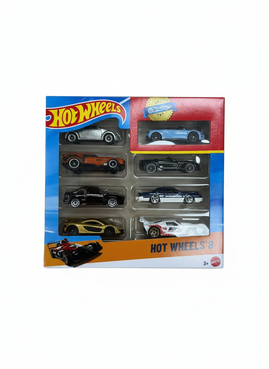 Hot Wheels toy car set packaging on a wooden surface