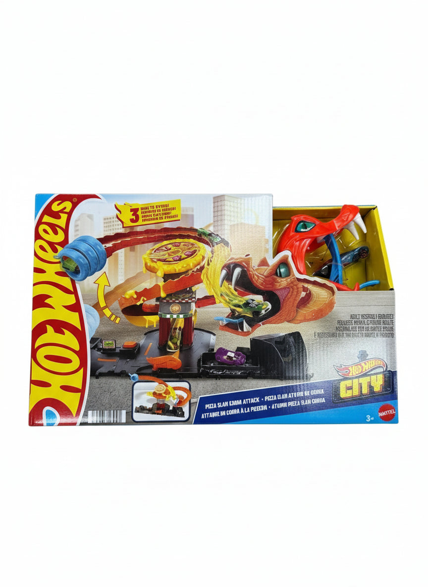 Hot Wheels toy set packaging on a wooden floor