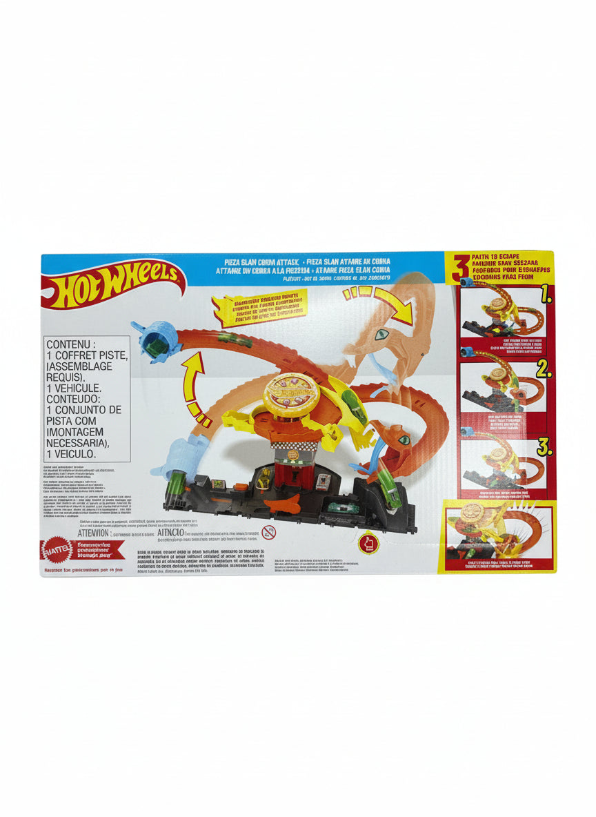 Hot Wheels toy set packaging on a wooden floor