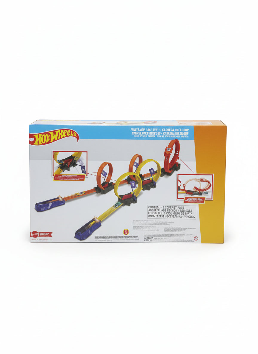 Hot Wheels track set packaging on a wooden floor
