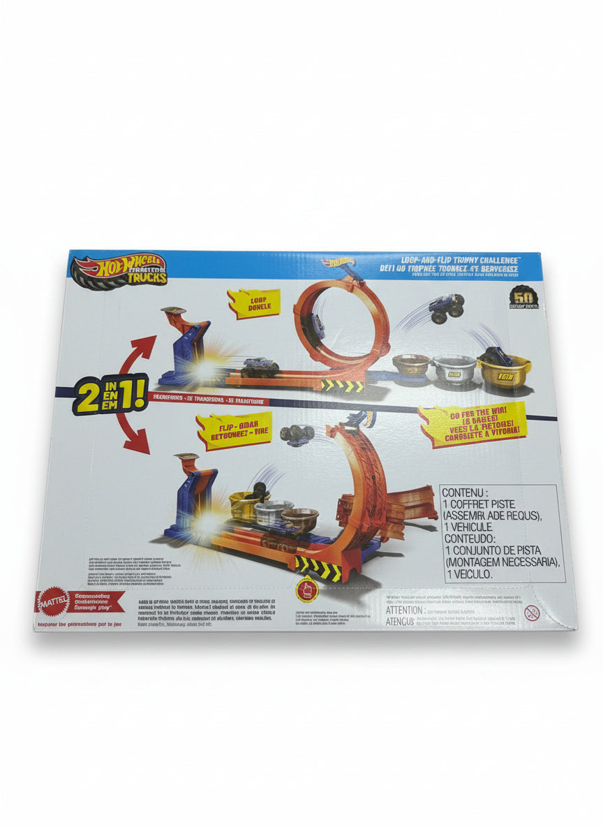 Hot Wheels track set packaging on a wooden surface