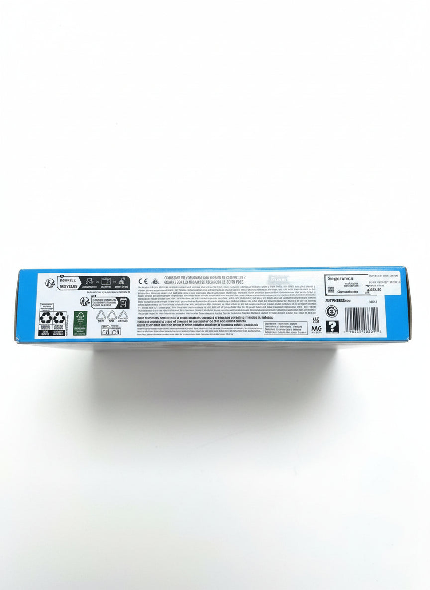 Product box with labels on a wooden surface
