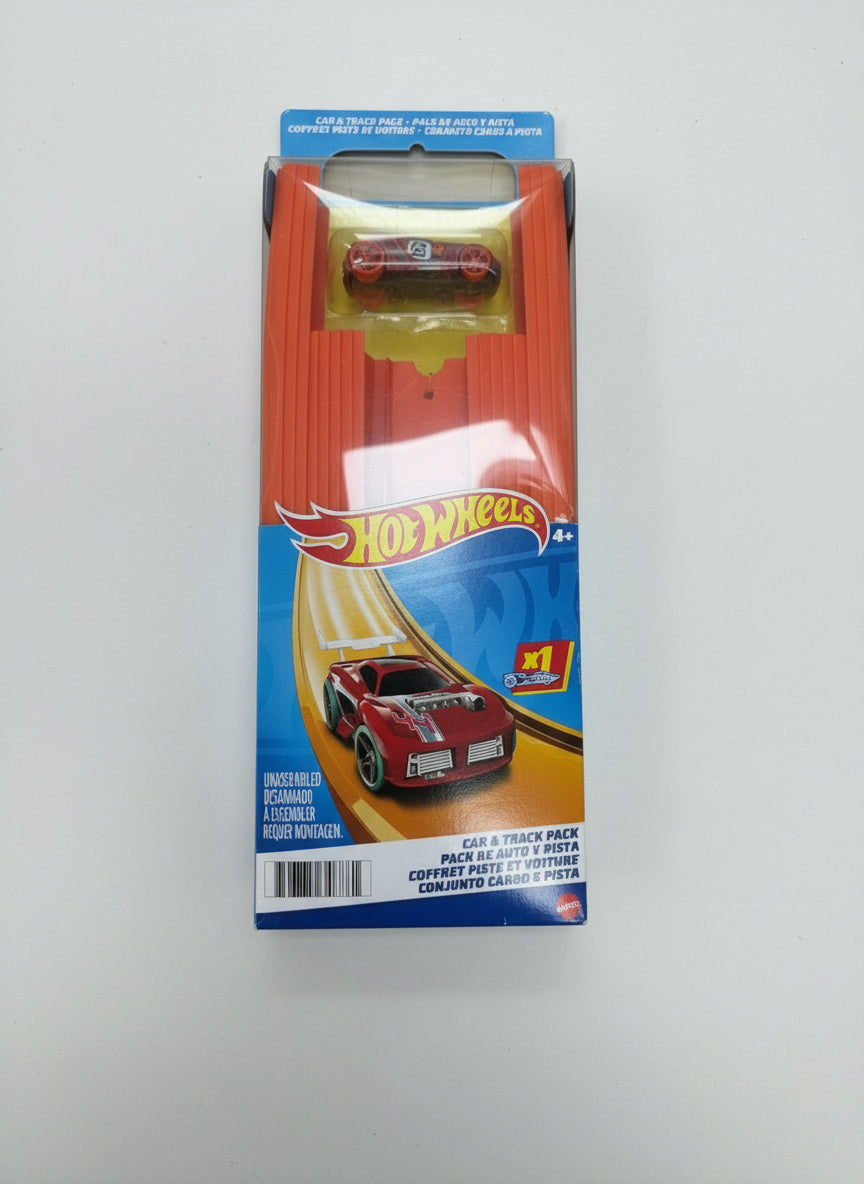 Hot Wheels car and track set packaging on a wooden floor
