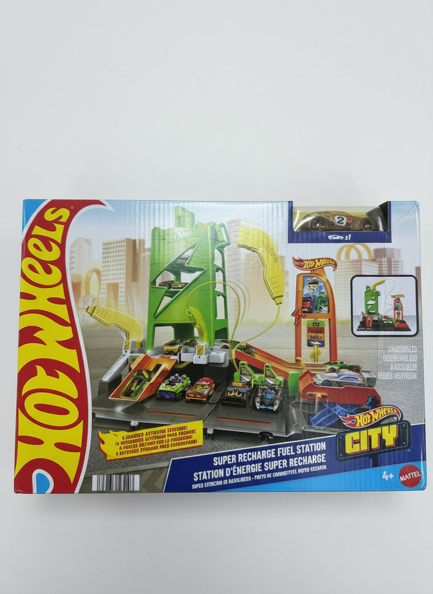 Hot Wheels City Super Recharge Fuel Station toy set packaging on a wooden surface