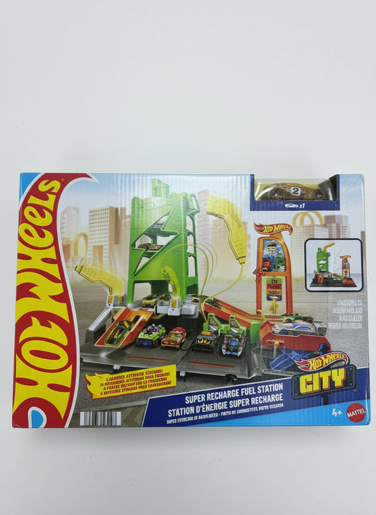 Hot Wheels City Super Recharge Fuel Station toy set packaging on a wooden surface