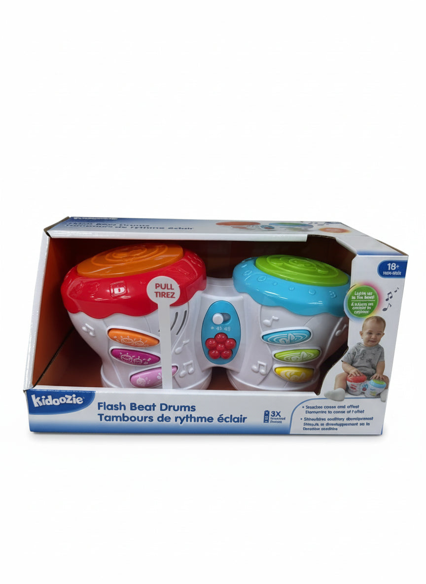 Box of Kidoozie Flash Beat Drums toy on a shelf with colorful packaging.