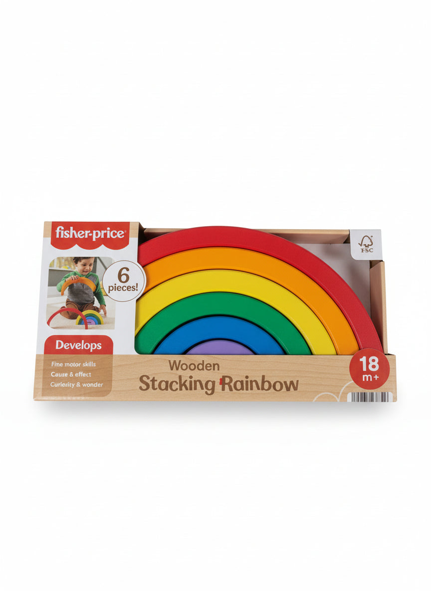 Fisher-Price wooden stacking rainbow toy in packaging on a gray surface