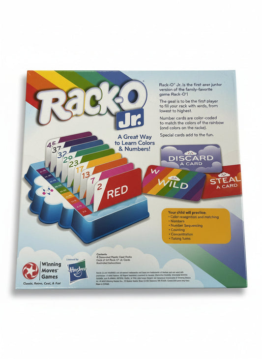 Rack-O Jr. board game packaging on a wooden surface