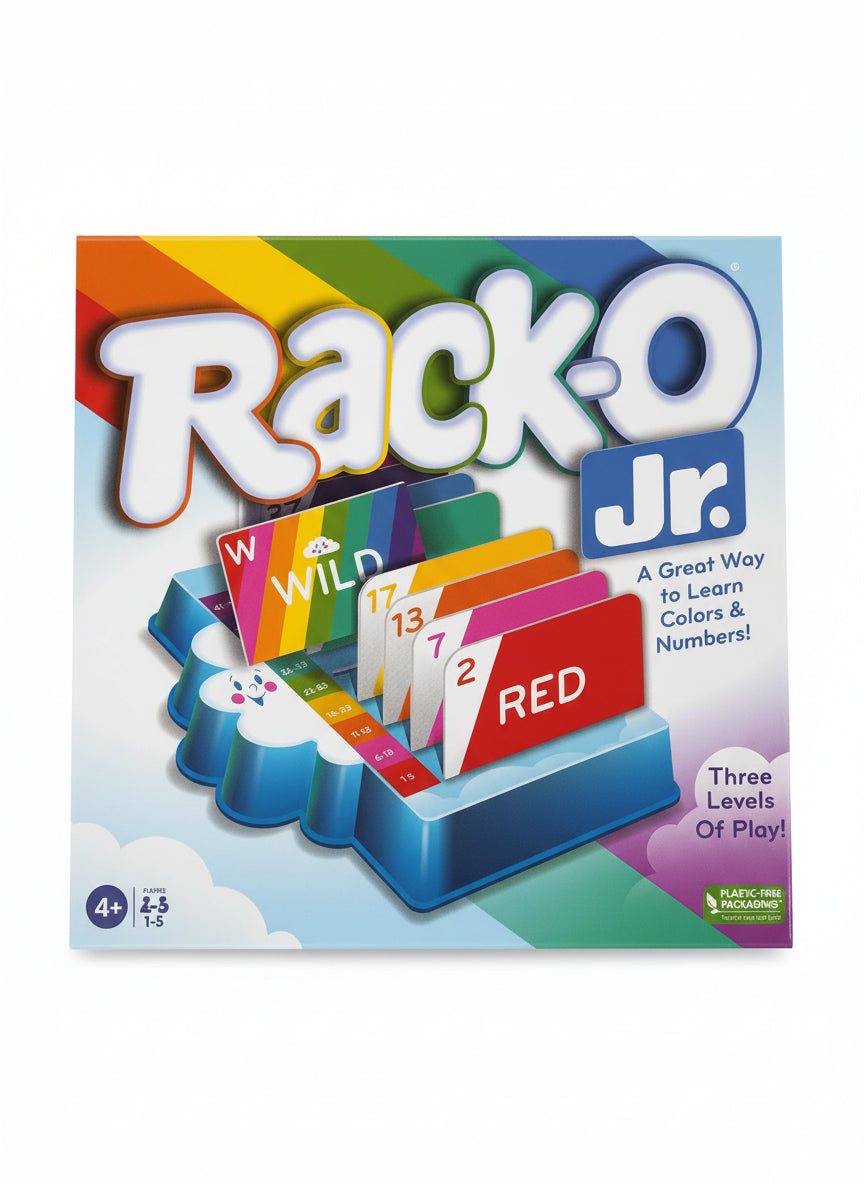 Board game box for 'Rack-O Jr.' on a wooden surface