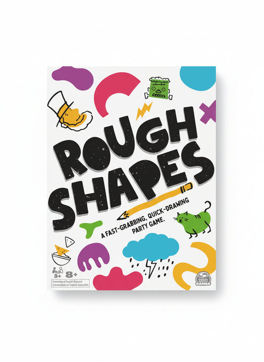 Board game box titled 'Rough Shapes' on a wooden surface