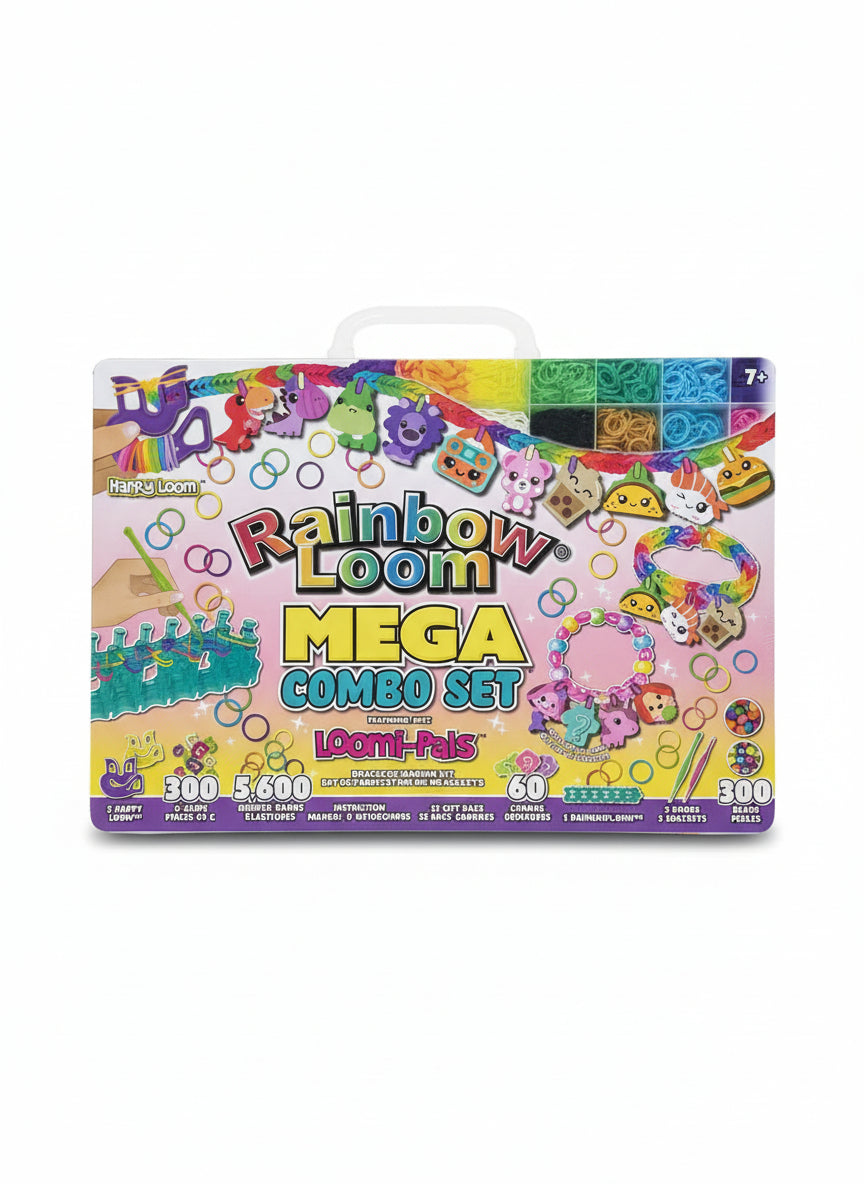 Packaged Rainbow Loom Mega Set on a wooden surface