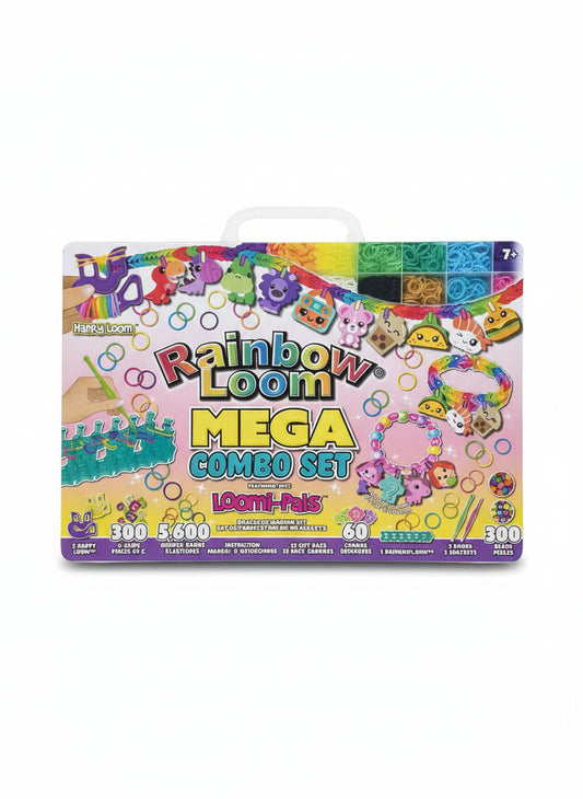 Packaged Rainbow Loom Mega Set on a wooden surface