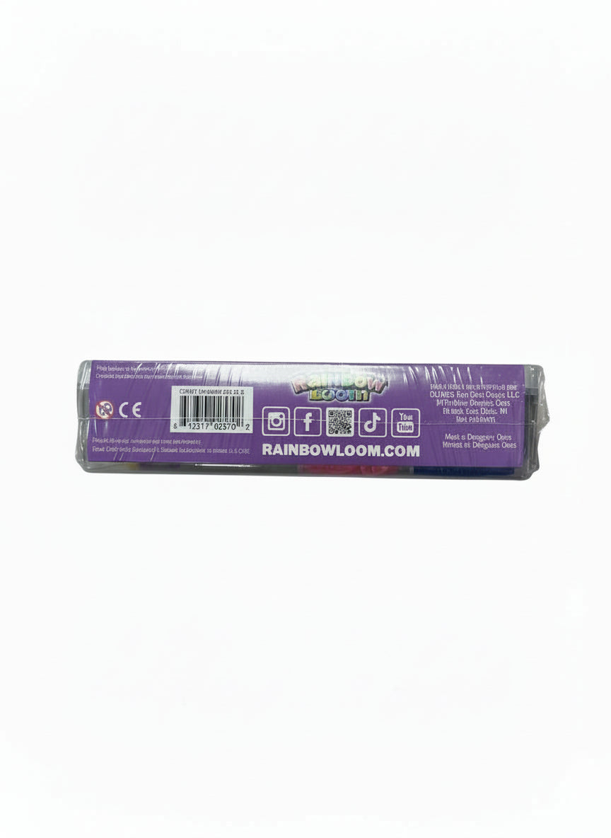 Purple packaging of Rainbowloom on a light wooden surface