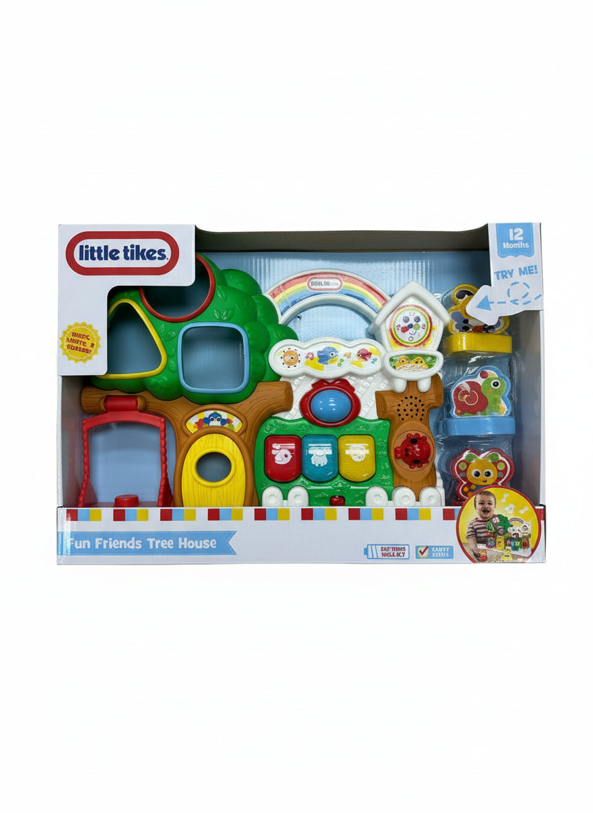 Little Tikes Fun Friends Tree House toy set packaging on a wooden surface