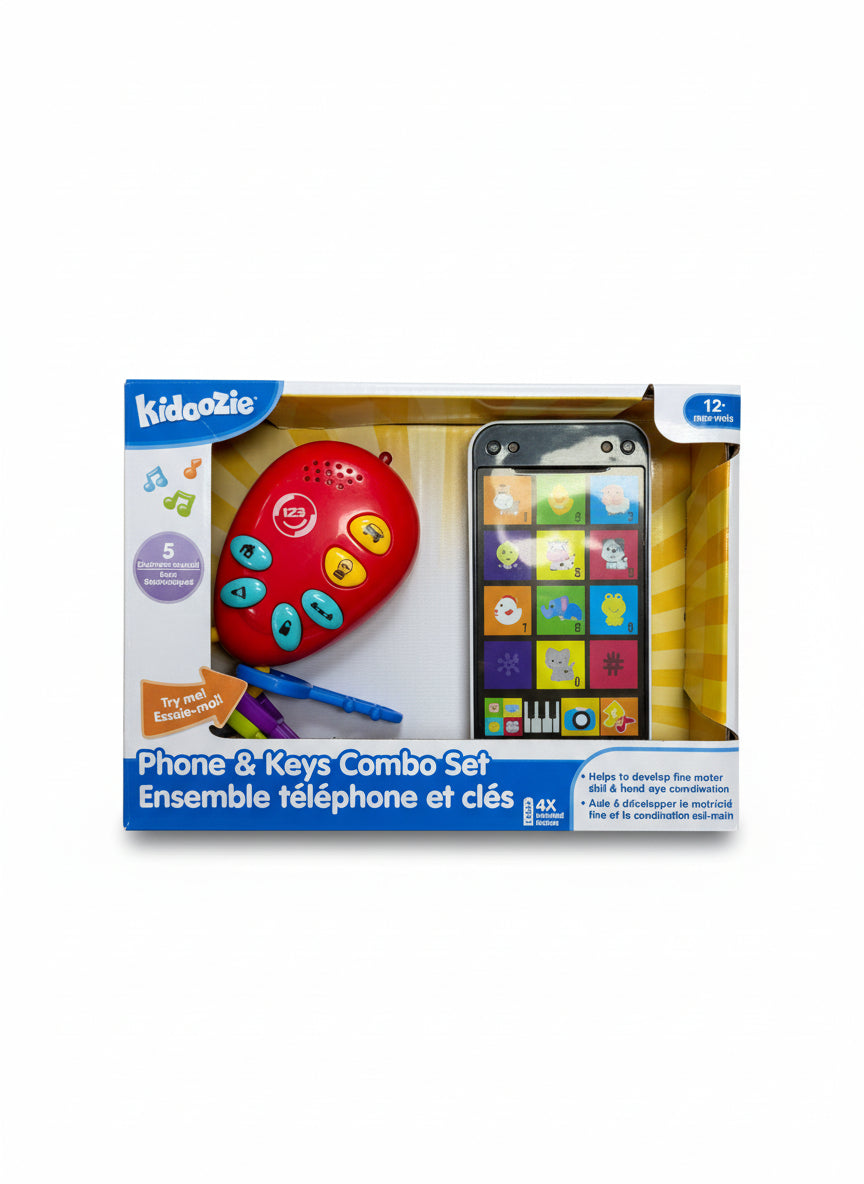 Kiddootie Phone & Keys Combo Set packaging on a wooden surface