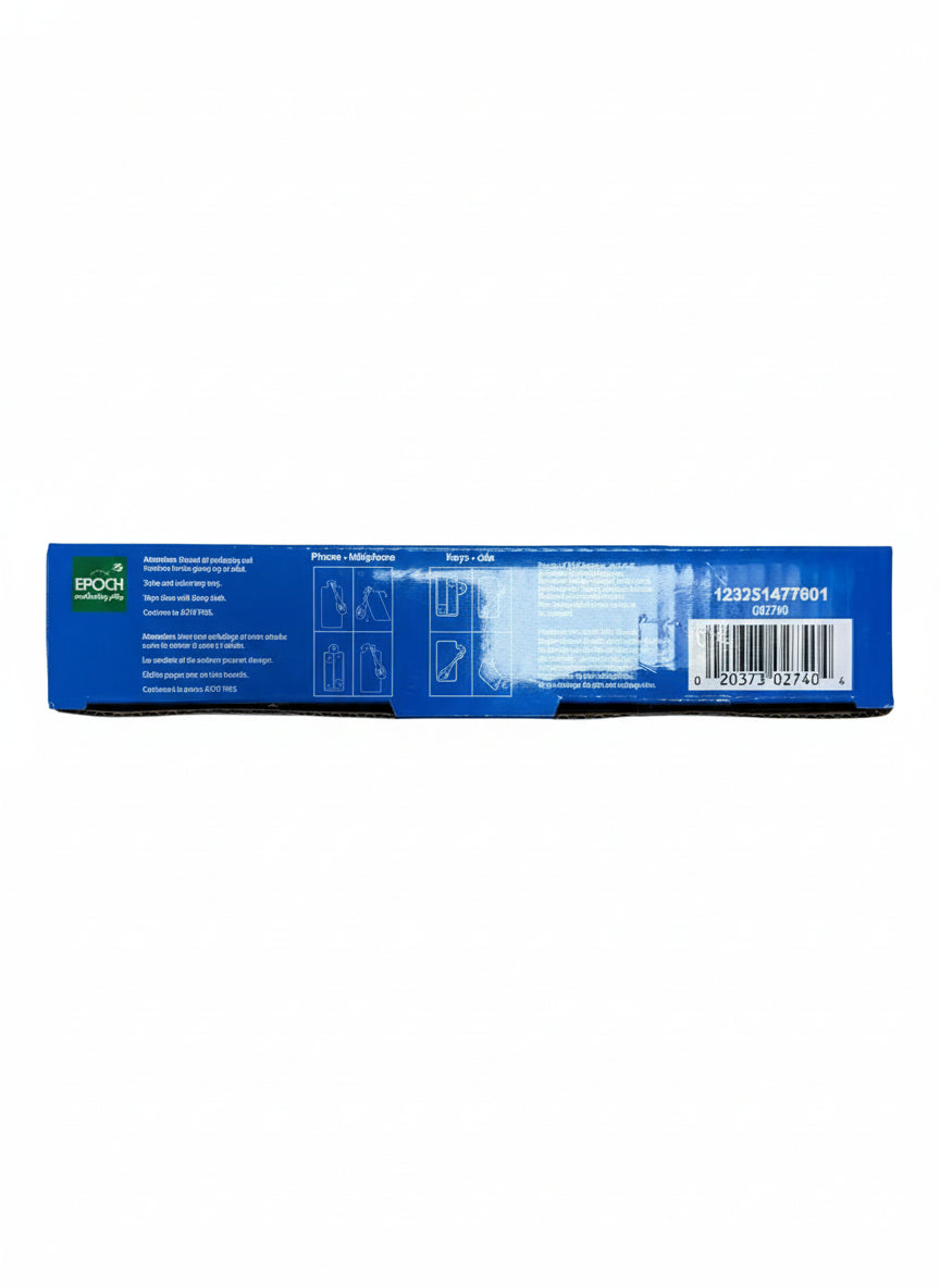 Blue box with text and a barcode on a wooden surface