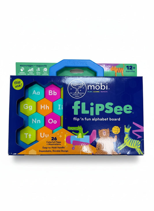 Mobi FlipSee alphabet board packaging on a wooden surface