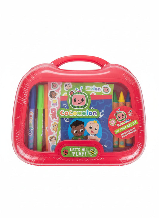 Red children's art set with Crayola branding on a light wooden surface