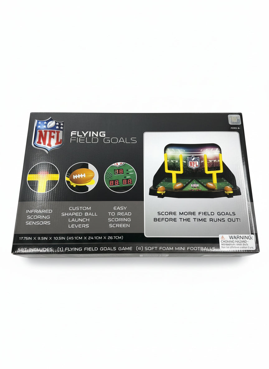 Box of NFL Flying Field Goals game on a wooden floor
