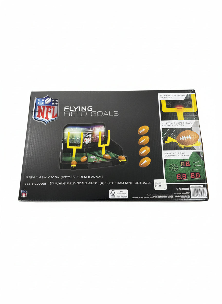 Box of NFL Flying Field Goals game on a wooden floor
